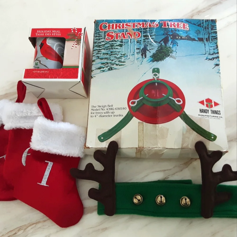 4 Piece Christmas Bundle Handy Things Tree Stand Cardinal Cup Reindeer Stockings
